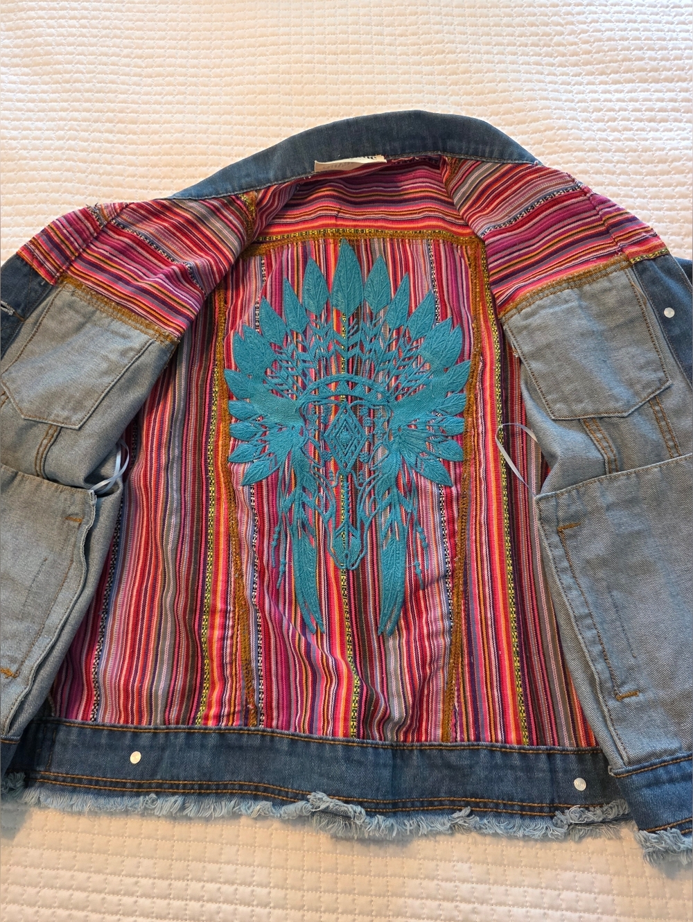 Savanna Jane Denim Western Jacket with Pink & Red Striped Yoke Embroidered Back - Picture 5 of 14